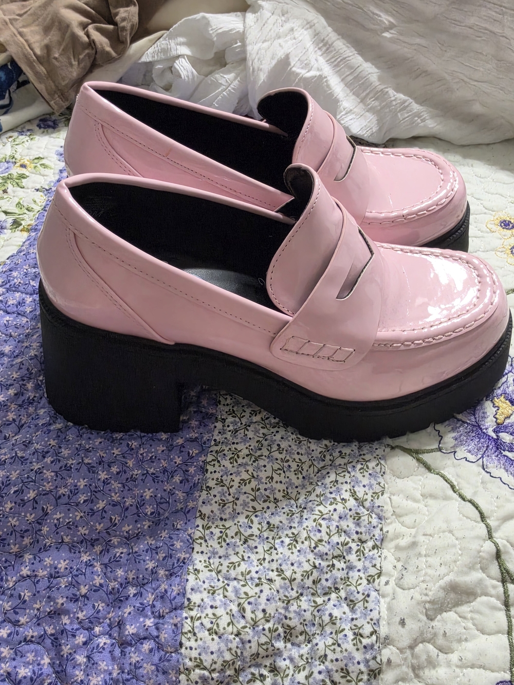 Patent Pink Platform Loafer Mules with Chunky Black Sole
